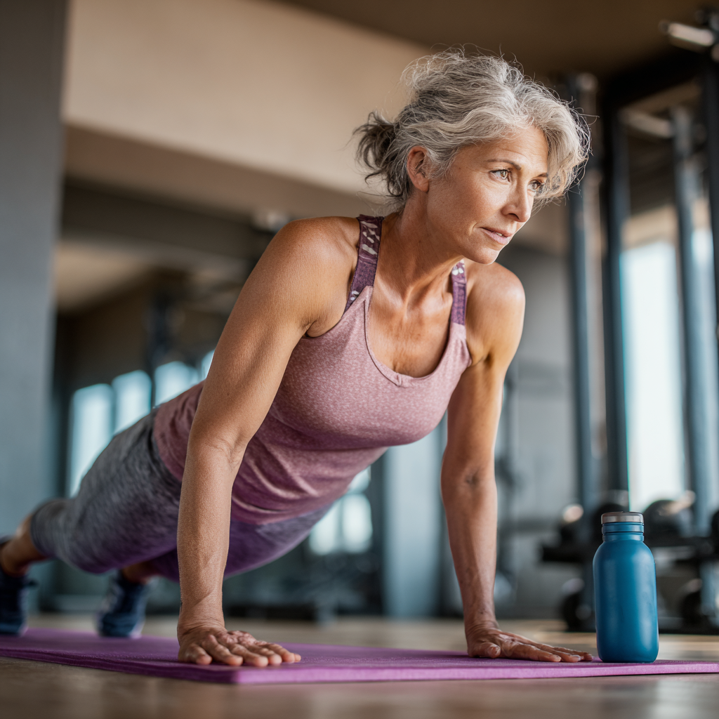 Active middle-aged woman doing fitness exercises